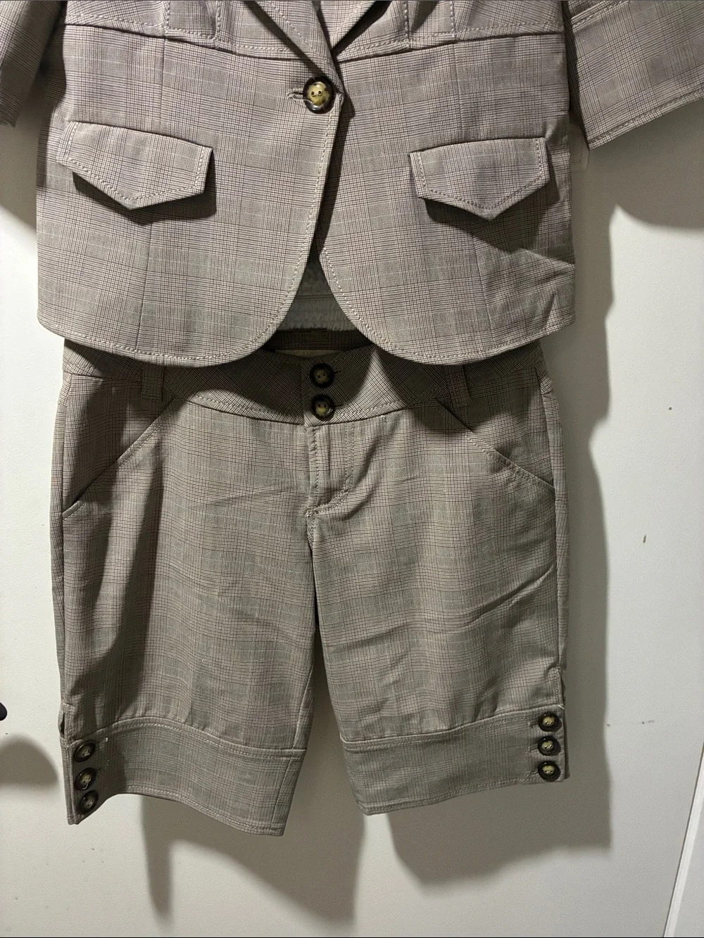 Guess Taupe Plaid Short-Sleeve Blazer and Bermuda Short Set